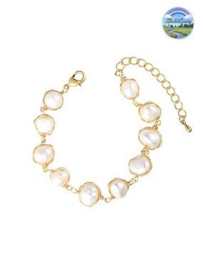 Baroque Cultured Pearl Link Bracelet 14K Gold Plated Charm Bracelet